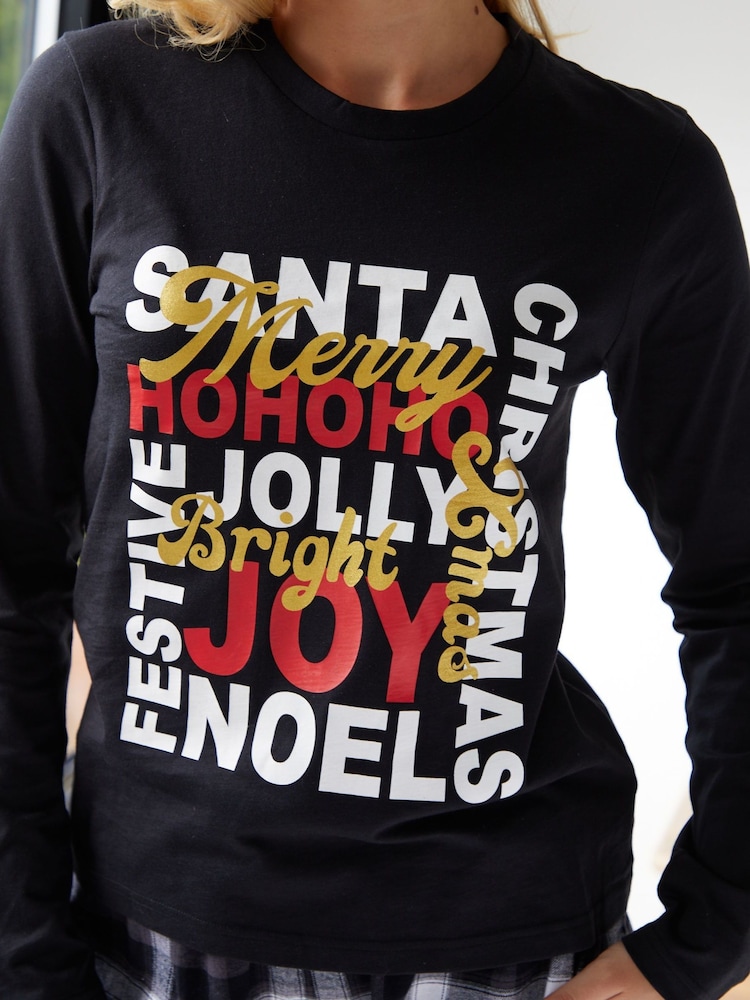 Threadbare Black Curve Christmas Slogan Graphic Long Pyjamas (2-Piece Set) - Image 5 of 5 Threadbare Black Curve Christmas Slogan Graphic Long Pyjamas (2-Piece Set) - Image 5 of 5
