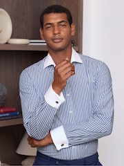 Savile Row Company Slim Fit Blue White Striped Cotton Winchester Double Cuff Formal Shirt - Image 1 of 5