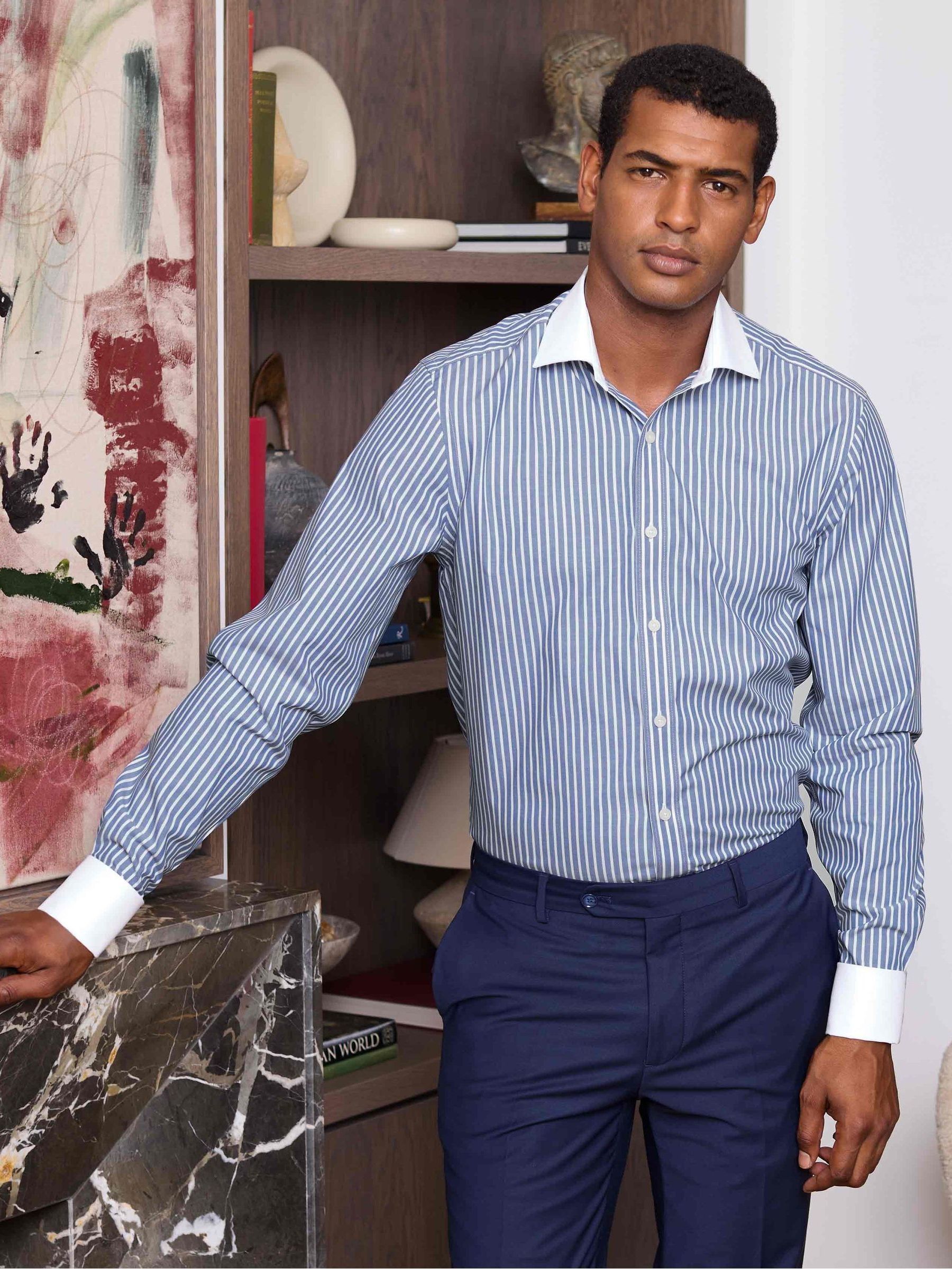 Buy Savile Row Company Blue Slim Fit Striped Cotton Winchester