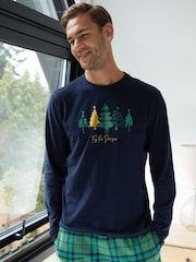 Threadbare Blue Christmas Tree Graphic Print Long Pyjamas (2-Piece Set) - Image 4 of 5