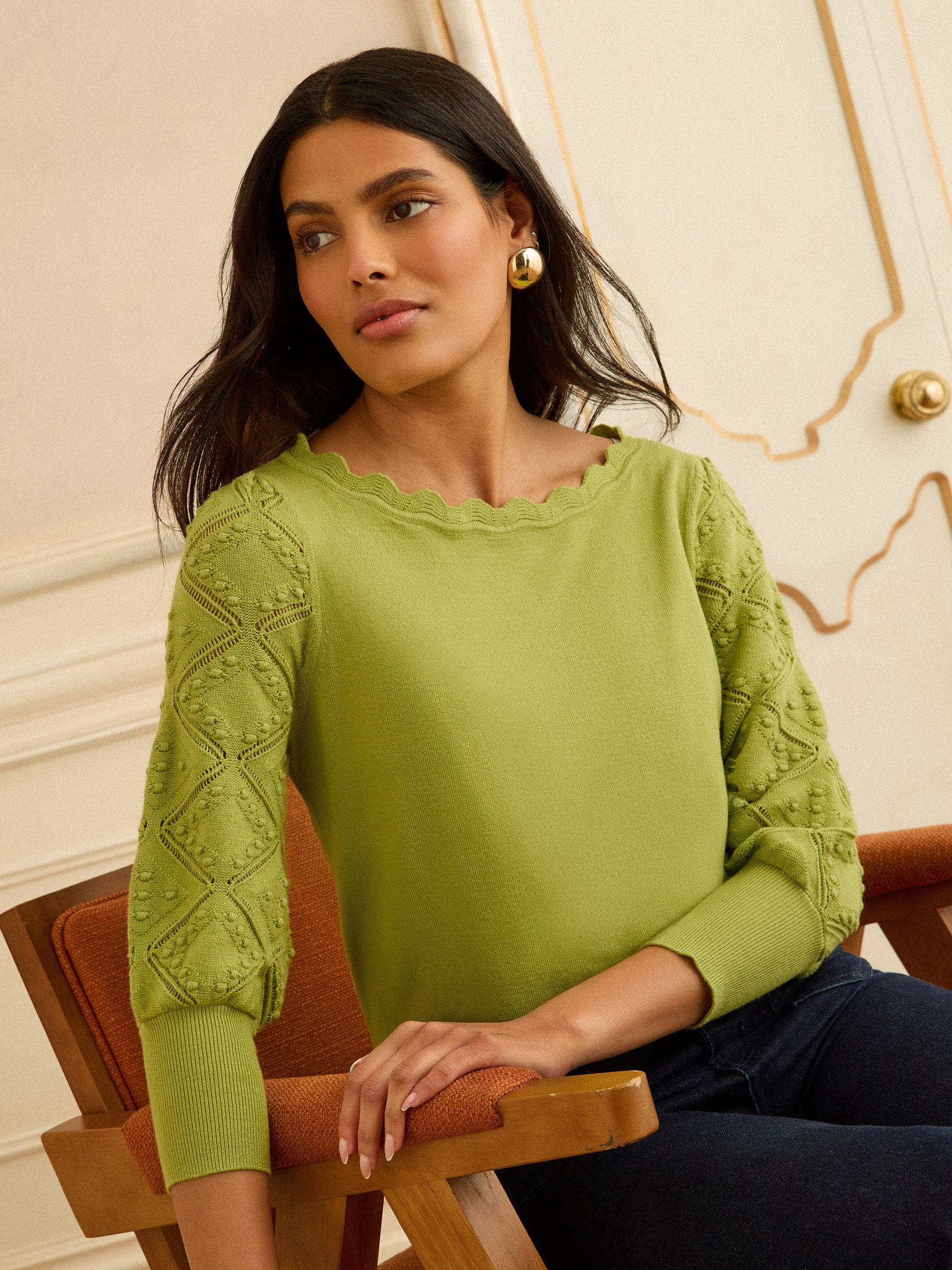 Buy Love & Roses Lime Green Bobble Stitch Scallop 3/4 Sleeve Knit
