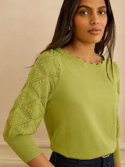 Love & Roses Lime Green Bobble Stitch Scallop 3/4 Sleeve Knit Jumper - Image 2 of 4