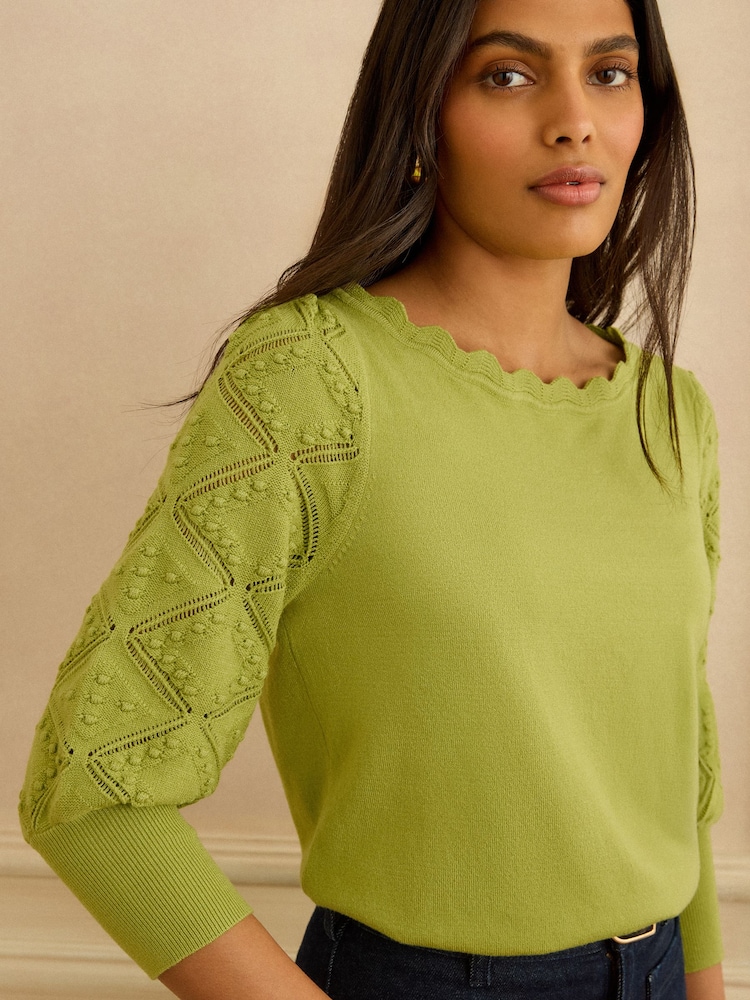 Love & Roses Lime Green Bobble Stitch Scallop 3/4 Sleeve Knit Jumper - Image 2 of 4