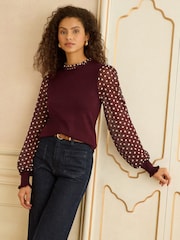 Love & Roses Berry Red Chiffon Sleeve Knitted Top - Image 1 of 4