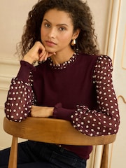 Love & Roses Berry Red Chiffon Sleeve Knitted Top - Image 2 of 4