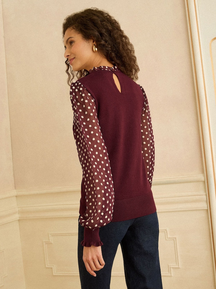 Love & Roses Berry Red Chiffon Sleeve Knitted Top - Image 4 of 4 Love & Roses Berry Red Chiffon Sleeve Knitted Top - Image 4 of 4