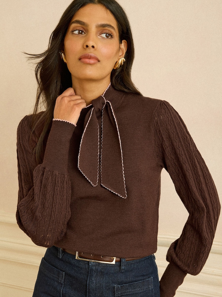 Love & Roses Chocolate Brown Tie Neck Knitted Jumper - Image 1 of 4 Love & Roses Chocolate Brown Tie Neck Knitted Jumper - Image 1 of 4