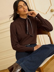 Love & Roses Chocolate Brown Tie Neck Knitted Jumper - Image 2 of 4