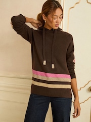 Love & Roses Chocolate Brown Multi Lurex Stripe Hooded Knit Jumper - Image 2 of 4