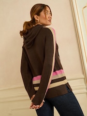 Love & Roses Chocolate Brown Multi Lurex Stripe Hooded Knit Jumper - Image 4 of 4