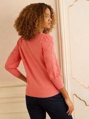 Love & Roses Peach Pink Bobble Stitch Scallop 3/4 Sleeve Knit Jumper - Image 2 of 4