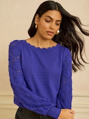 Love & Roses Cobalt Blue Bobble Stitch Scallop Knit Jumper - Image 1 of 3