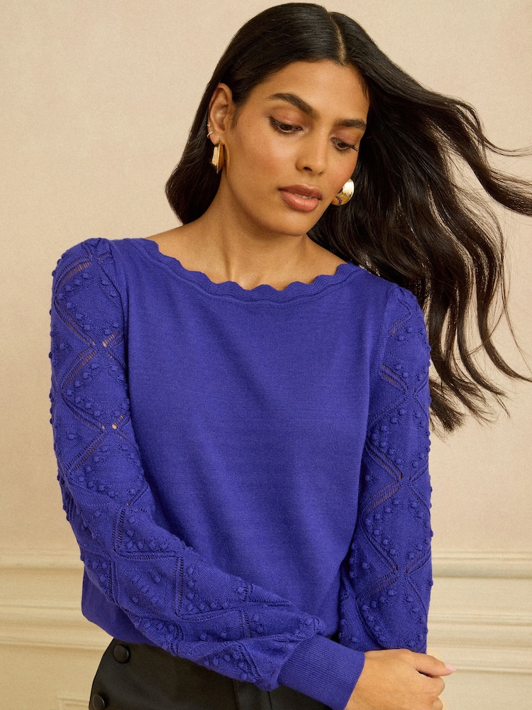 Love & Roses Cobalt Blue Bobble Stitch Scallop Knit Jumper - Image 1 of 3 Love & Roses Cobalt Blue Bobble Stitch Scallop Knit Jumper - Image 1 of 3