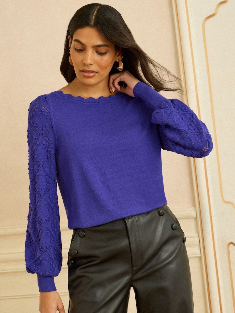 Love & Roses Cobalt Blue Bobble Stitch Scallop Knit Jumper - Image 3 of 3 Love & Roses Cobalt Blue Bobble Stitch Scallop Knit Jumper - Image 3 of 3