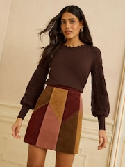 Schokoladenbraun - Love & Roses – Strickpullover mit Noppenmuster und Muschelsaum - Bild 1 von 4