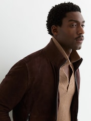 Reiss Chocolate Brown Brent Suede Zip-Through Funnel-Neck Jacket - Image 4 of 6