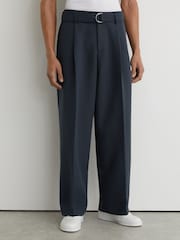 Reiss Airforce Blue Atwell Monogram Relaxed-Fit Belted Trousers - Image 3 of 8