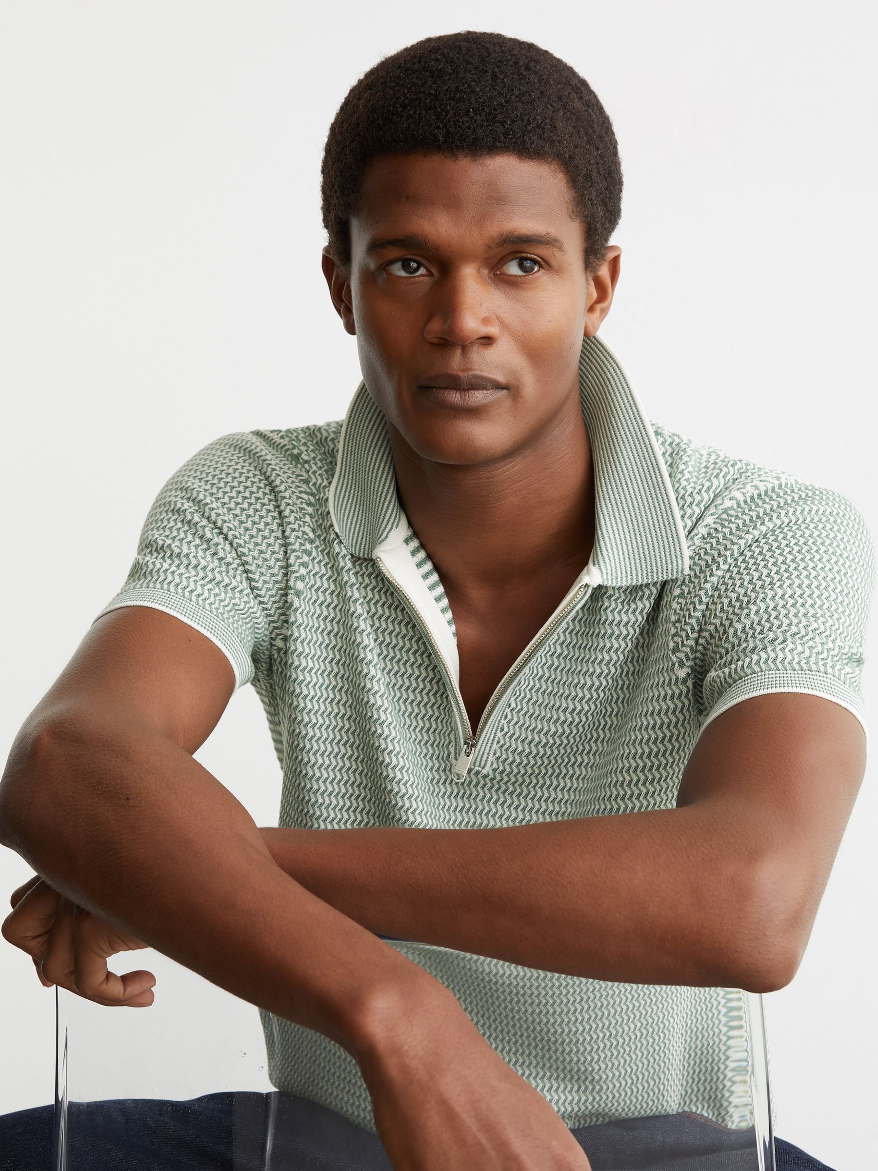 Buy Reiss Soft Sage Green Brink Textured-Knit Half-Zip Polo Shirt