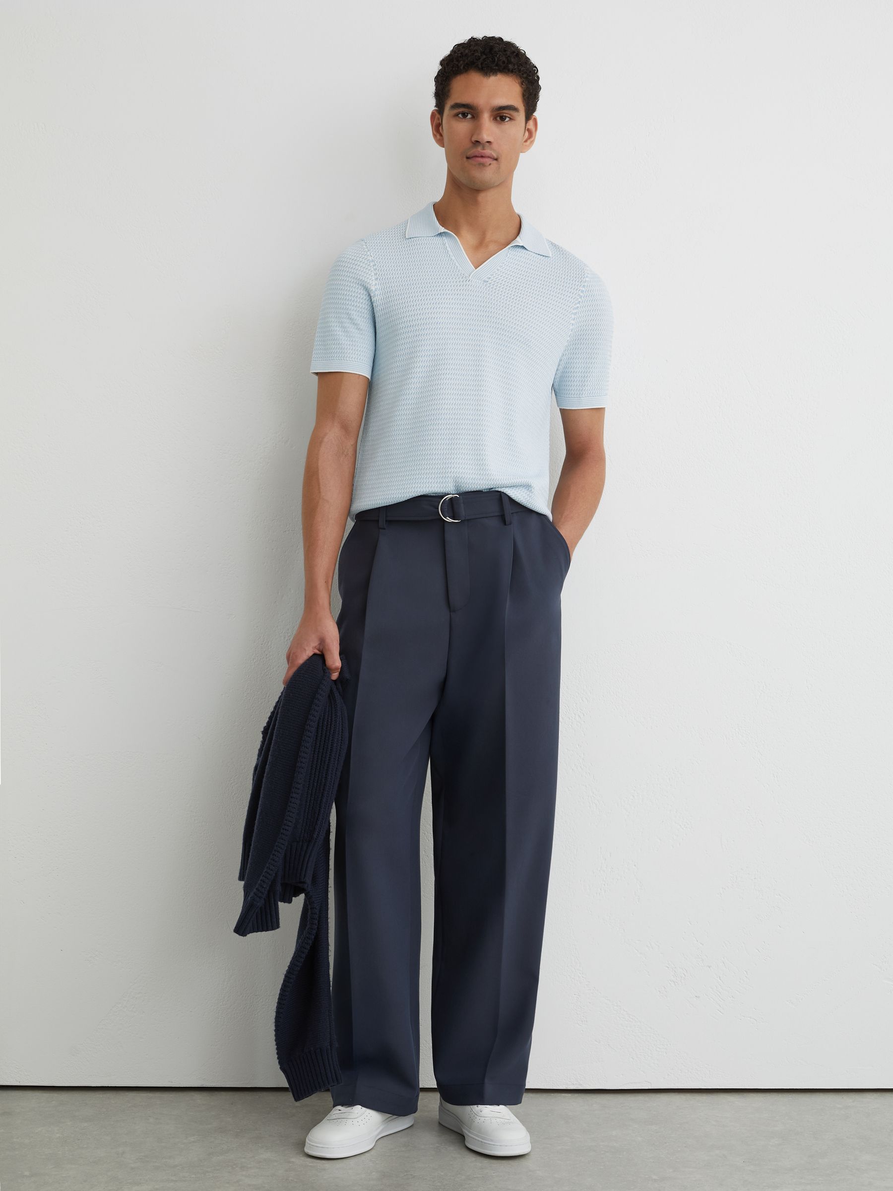 Buy Reiss Soft Blue Redbury Open-Collar Textured-Knit Polo Shirt