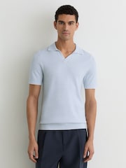 Reiss Soft Blue Redbury Open-Collar Textured-Knit Polo Shirt - Image 1 of 6