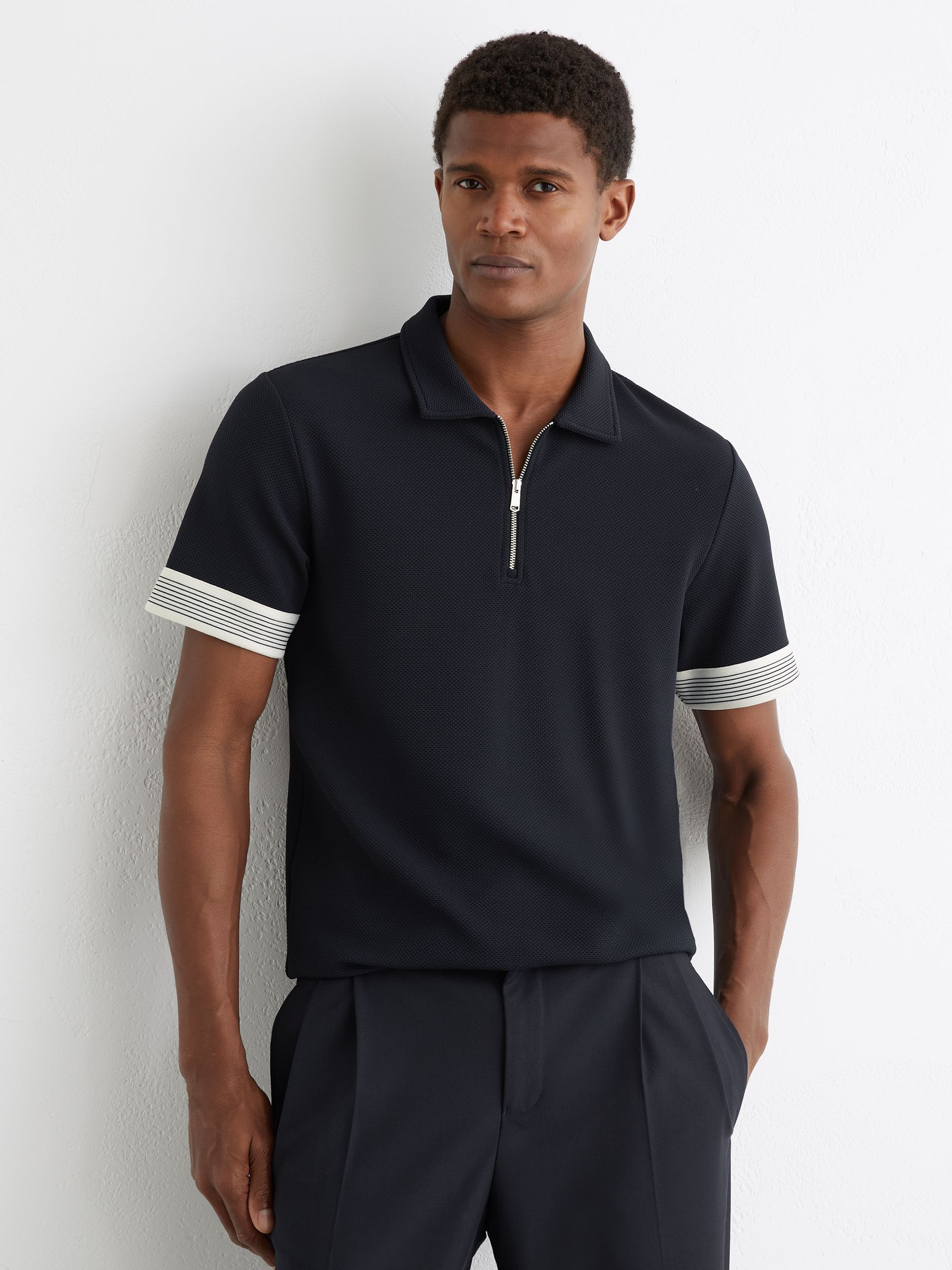 Buy Reiss Navy Bruno Sleeve-Trim Half-Zip Polo Shirt from Next