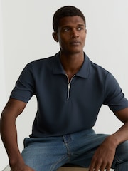 Reiss Airforce Blue Forno Half-Zip Textured Polo Shirt - Image 1 of 6