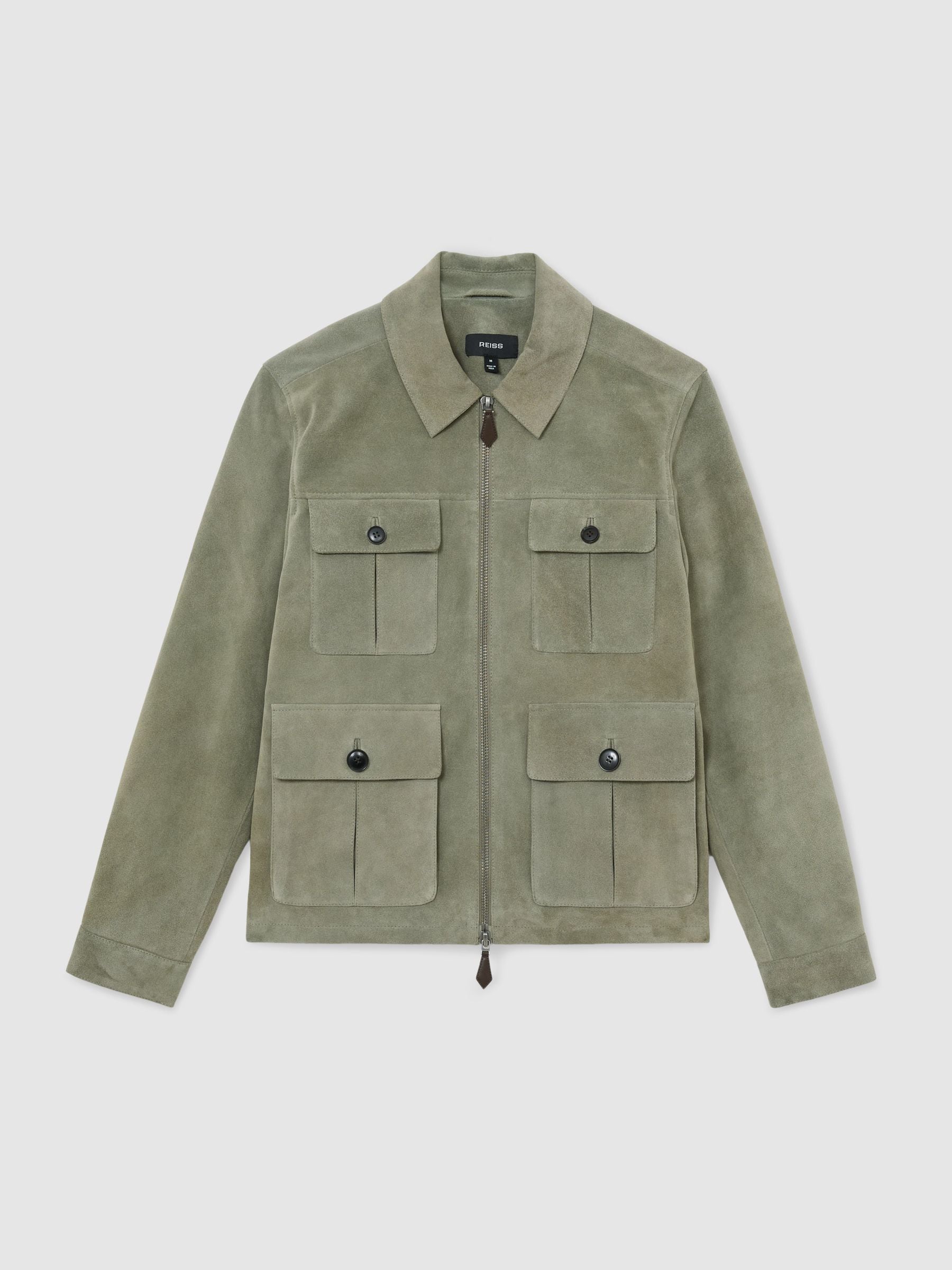 Buy Reiss Green Daventry Suede Four-Pocket Zip-Through Jacket from