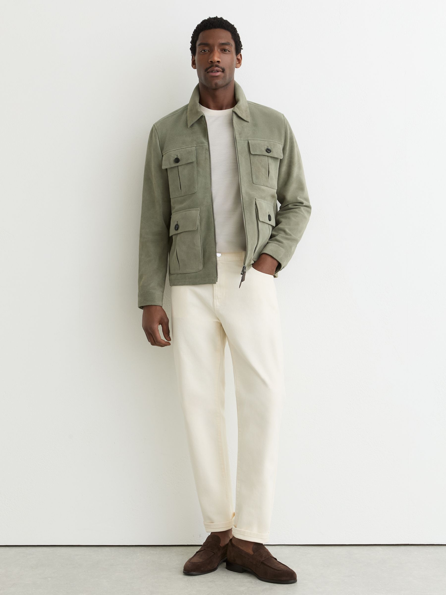 Buy Reiss Green Daventry Suede Four-Pocket Zip-Through Jacket from