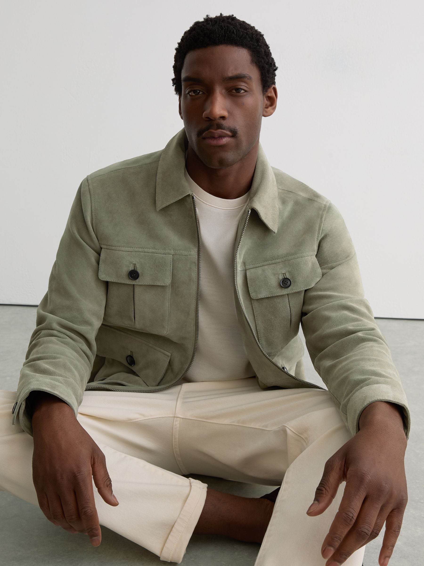 REISS 本革 スエード ジャケットUKブランド Buy Reiss Green Daventry Suede Four-Pocket Zip-Through Jacket from