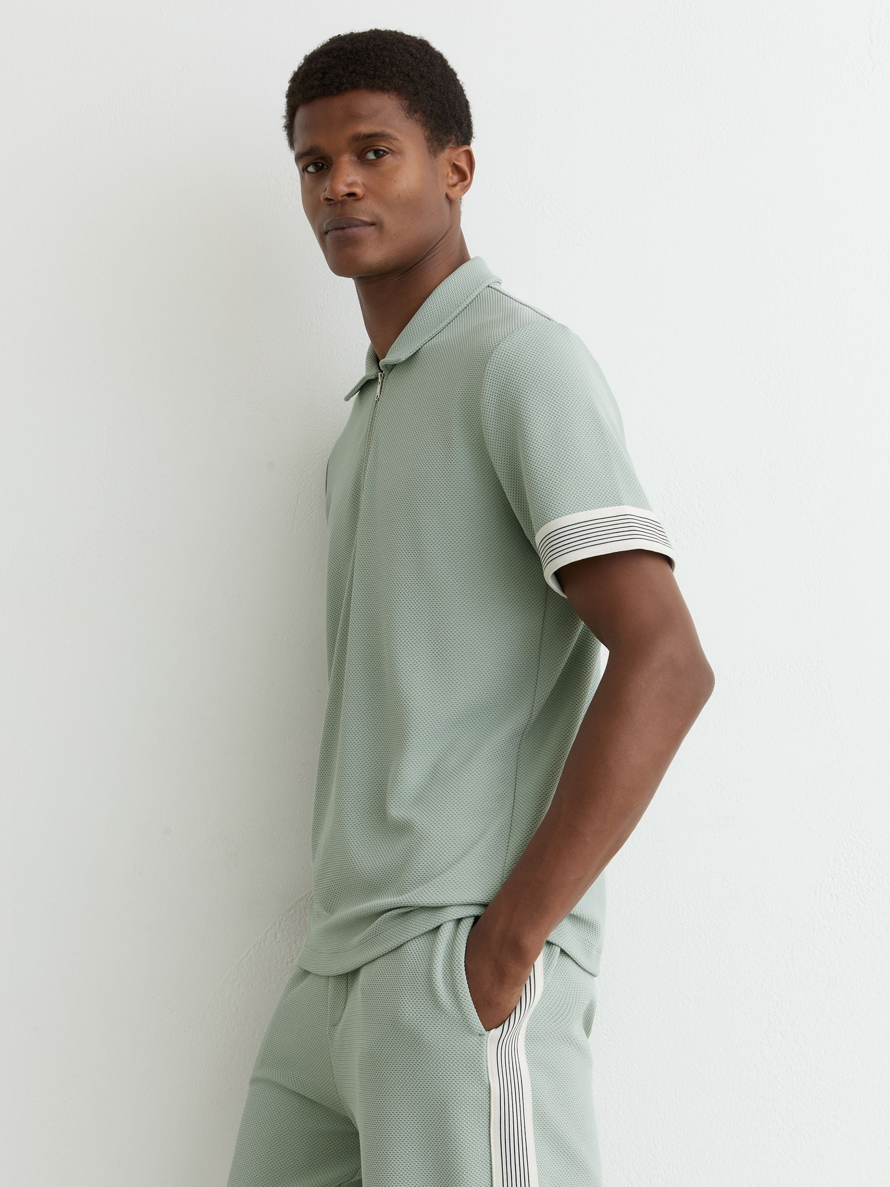 Buy Reiss Mint Green Bruno Sleeve-Trim Half-Zip Polo Shirt from