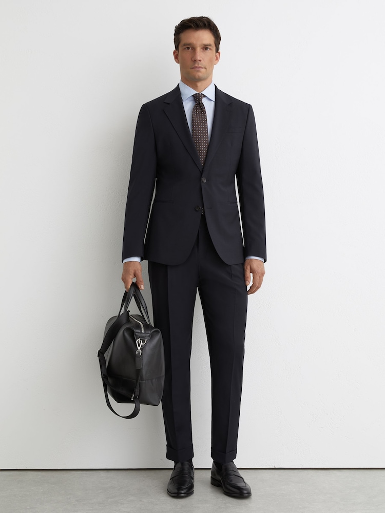 Reiss Navy Promise Adjuster Side-Adjuster Tailored-Fit Suit Trousers Wool-Blend - Image 1 of 6