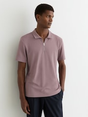 Reiss Raspberry Pink Forno Half-Zip Textured Polo Shirt - Image 1 of 6