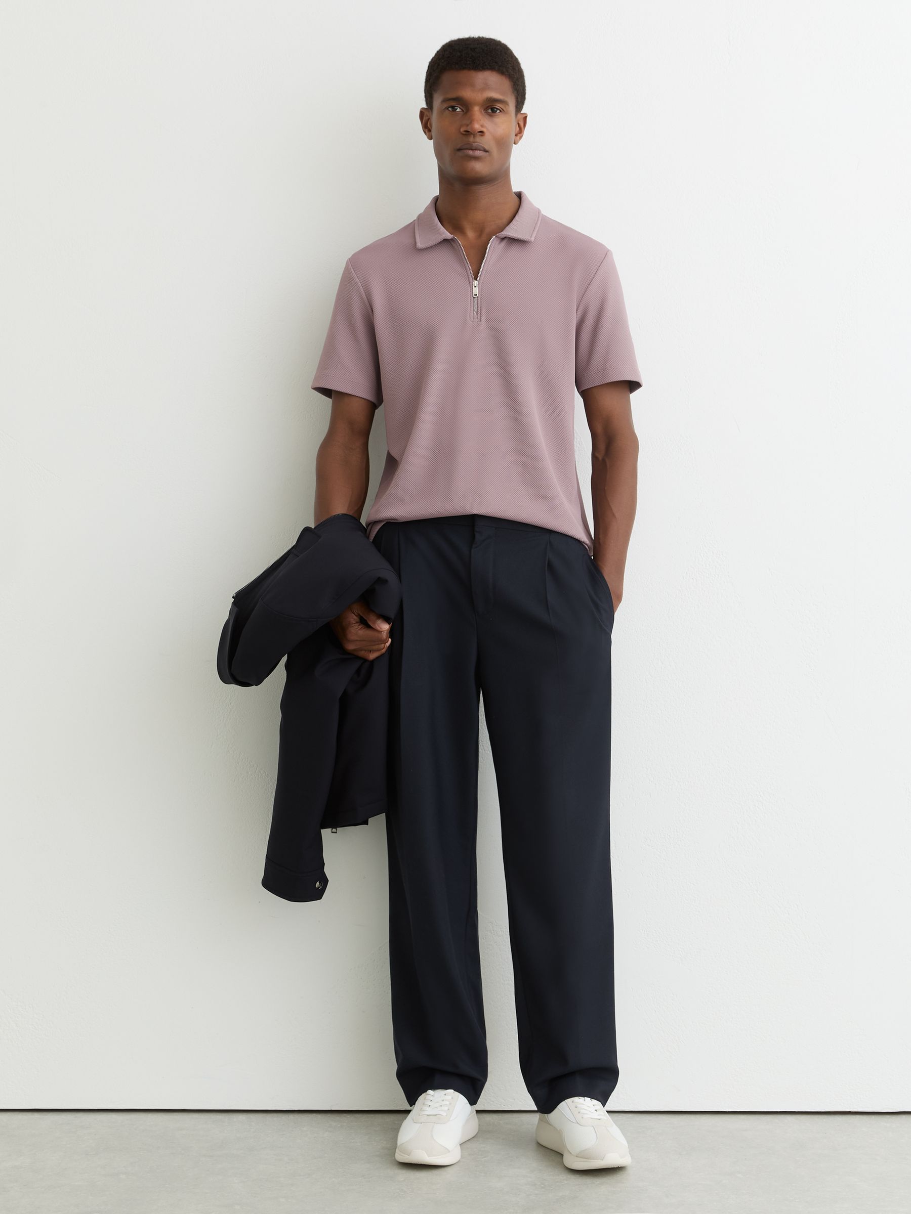 Buy Reiss Raspberry Pink Forno Half-Zip Textured Polo Shirt from