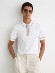 Reiss Off White Rothwell Tipped Half-Button Knitted Polo Shirt - Image 1 of 6