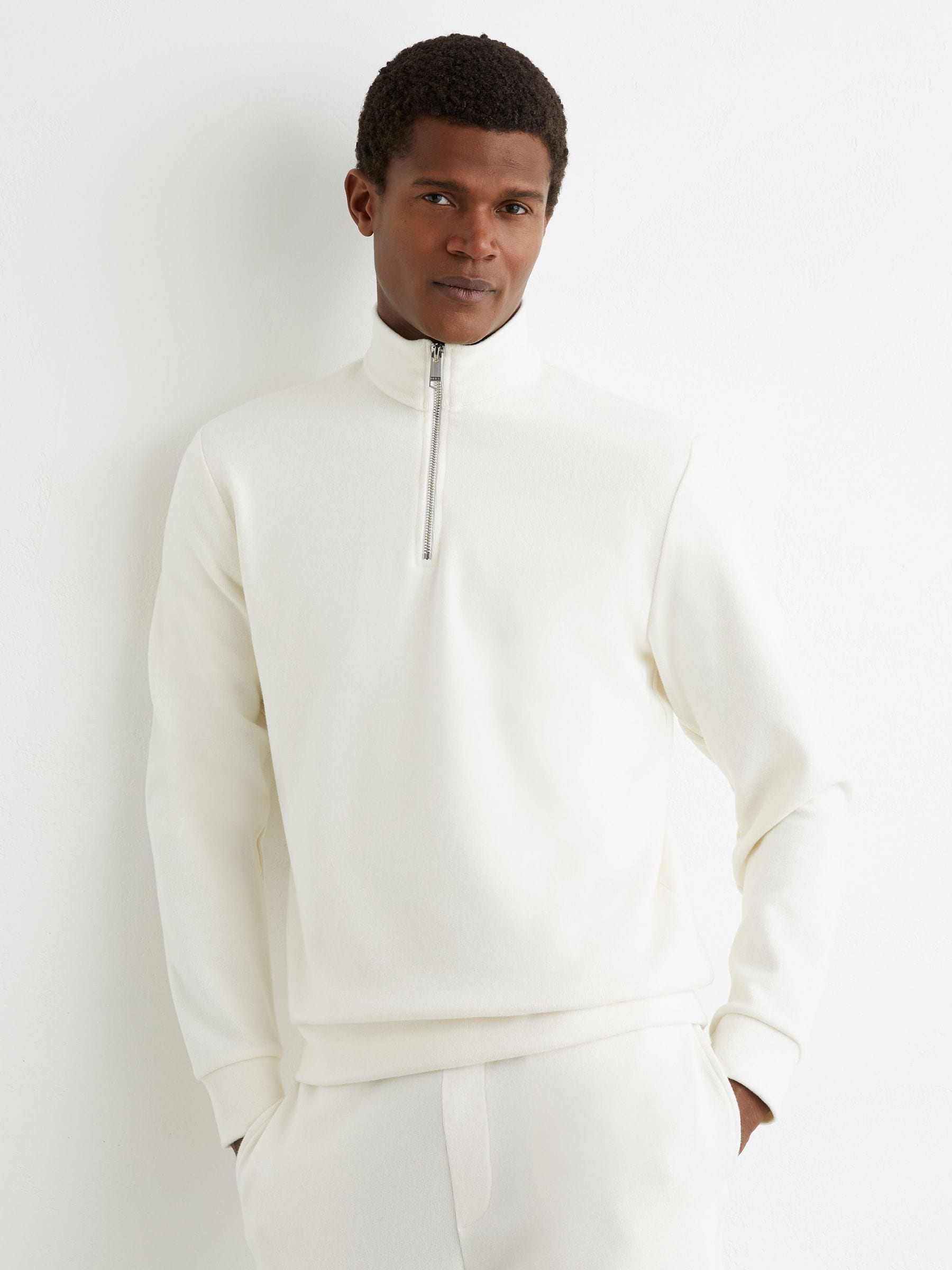 Buy Reiss White Bossa Cotton-Blend Ribbed Half-Zip Jumper from the