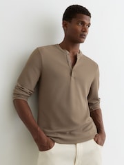 Reiss Camel Salvator Textured Long-Sleeve Henley Shirt - Image 1 of 5