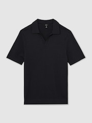 Reiss Navy Redbury Open-Collar Textured-Knit Polo Shirt - Image 2 of 7