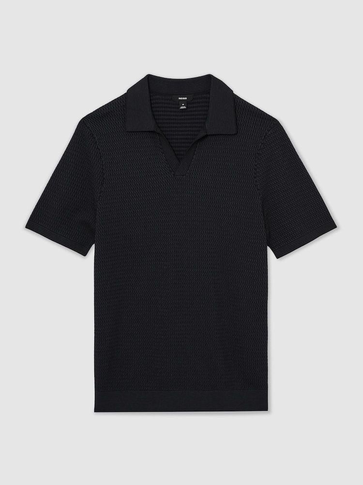 Reiss Navy Redbury Open-Collar Textured-Knit Polo Shirt - Image 2 of 7