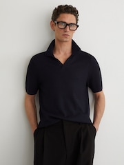 Reiss Navy Redbury Open-Collar Textured-Knit Polo Shirt - Image 3 of 7