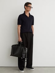 Reiss Navy Redbury Open-Collar Textured-Knit Polo Shirt - Image 4 of 7