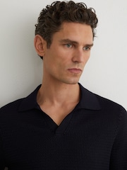 Reiss Navy Redbury Open-Collar Textured-Knit Polo Shirt - Image 5 of 7