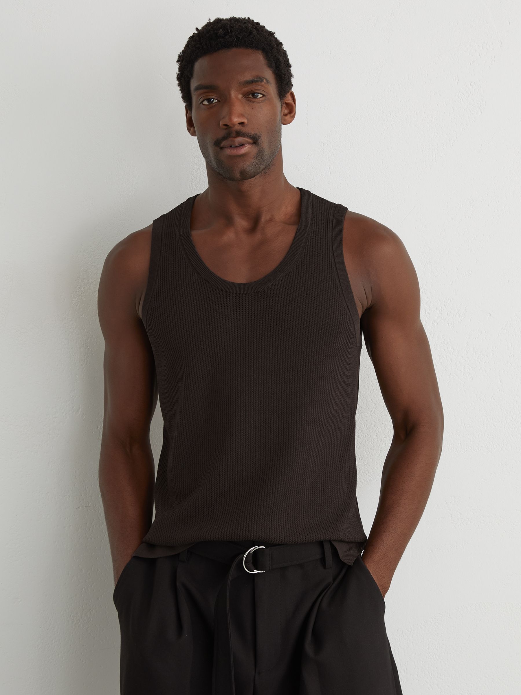 Buy Reiss Chocolate Brown Watson Textured-Knit Round-Neck Vest