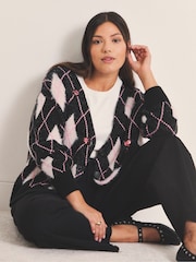 Simply Be Black Fluffy Argyle Boyfriend Cardigan - Image 1 of 4