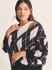 Simply Be Black Fluffy Argyle Boyfriend Cardigan - Image 3 of 4