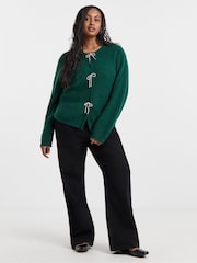 Simply Be Green Diamante Bow Knitted Cardigan - Image 1 of 4