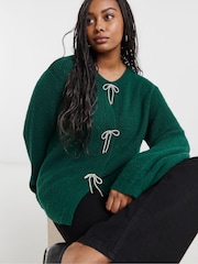 Simply Be Green Diamante Bow Knitted Cardigan - Image 3 of 4