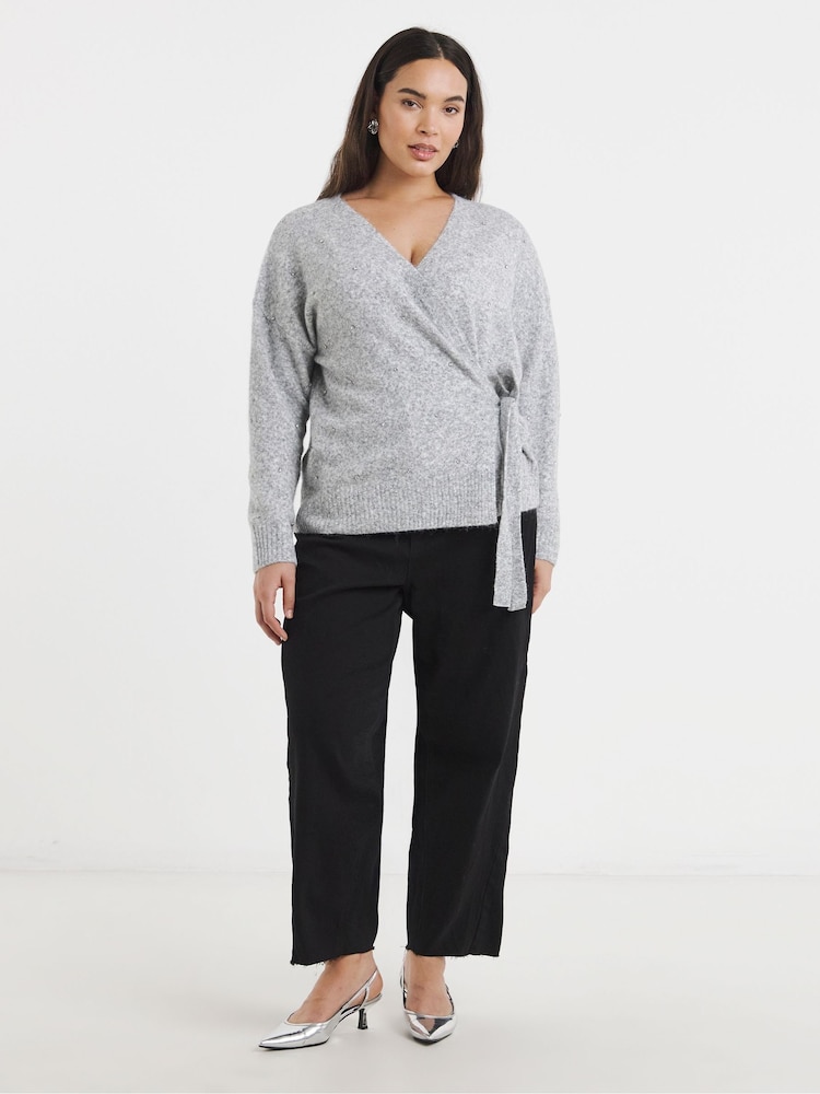 Simply Be Grey Diamante Ballet Wrap Cardigan - Image 1 of 3 Simply Be Grey Diamante Ballet Wrap Cardigan - Image 1 of 3