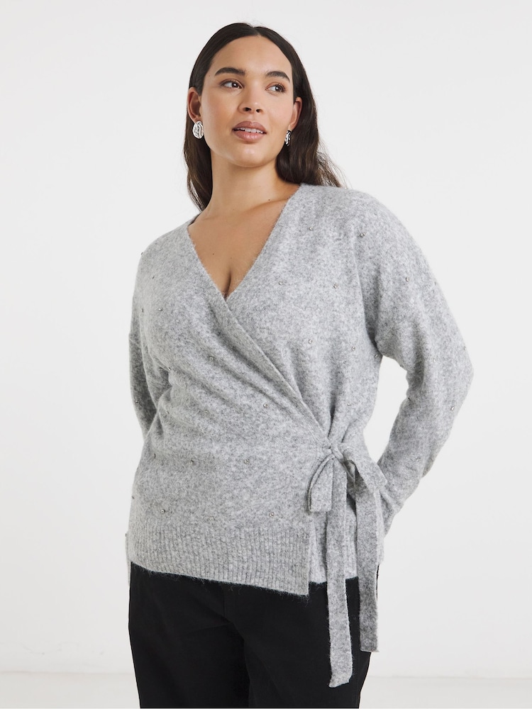Simply Be Grey Diamante Ballet Wrap Cardigan - Image 2 of 3 Simply Be Grey Diamante Ballet Wrap Cardigan - Image 2 of 3