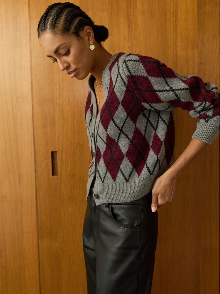 Baukjen Grey Clemence Wool Blend Argyle Cardigan - Image 2 of 5 Baukjen Grey Clemence Wool Blend Argyle Cardigan - Image 2 of 5