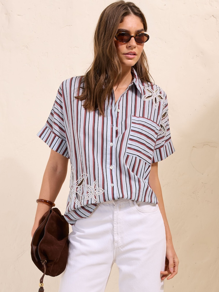 Friends Like These Blue Stripe Embellished Short Sleeve Shirt - Image 1 of 6